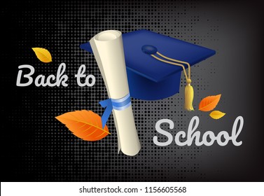 Back to school lettering with graduation cap and scroll. Offer or sale advertising design. Handwritten text, calligraphy. For leaflets, brochures, invitations, posters or banners.