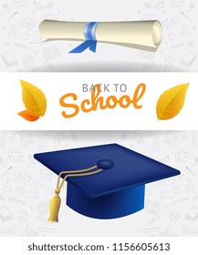 Back to school lettering with graduation cap, scroll and doodles. Offer or sale advertising design. Handwritten and typed text, calligraphy. For leaflets, brochures, invitations, posters or banners.
