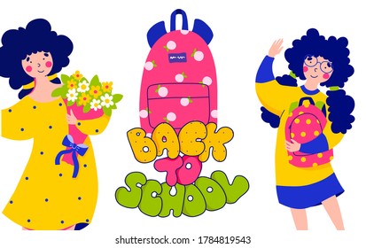 Back school lettering greeting card, flat vector illustration. Funny cartoon character.