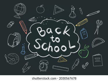 Back to school lettering with hand drawn school elements doodle on blackboard concept for background, banner, print. Vector illustration EPS 10