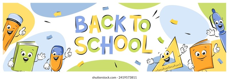Back to school lettering. Hand drawn school funny office supplies characters in cartoon style. Vector illustration