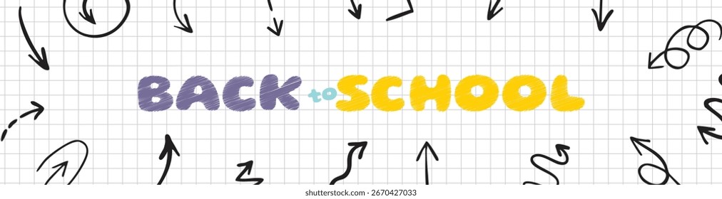 Zurück zur Schule Schriftzug im handgezeichneten Skizzenstil mit Pfeilen. Gitterhintergrund, pädagogisches Thema, kreatives modernes Design