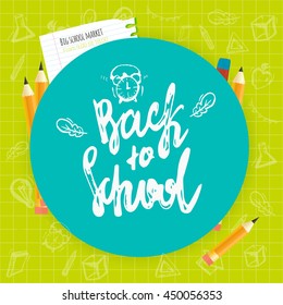 Zurück zur Schule Schreiben handgezeichnet Banner-Design. Farbiges Poster einzeln auf doodlem Hintergrund mit Apfel, Buch, Bleistift.