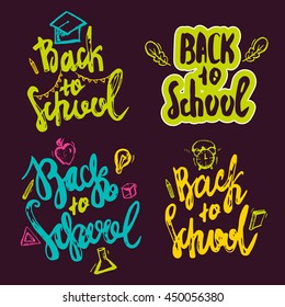 Back to School lettering hand drawn design. Colorful Label Set isolated on dark background with apple, book, pencil.