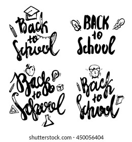 Back to School lettering hand drawn design. Label Set isolated on white background with apple, book, pencil.