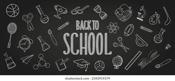 Back to school. Lettering and hand-drawn doodles, freehand school items on a sheet of notebook. Vector