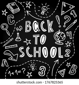 Back to school lettering. Hand-drawn sketches of the school lifestyle. Chalk drawing on a blackboard
