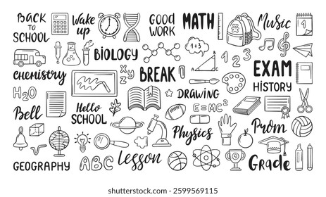 Back to school lettering. Handwritten text biology math physics, lessons titles, positive phrases. Doodle education symbols, neoteric vector icons