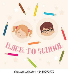 "Back to School" lettering with happy kids. Laughing boy and girl surrounded by crayons. Vector illustration