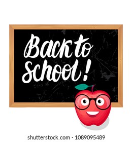 Back to school lettering and illustration. Vector Character red Apple with glasses smiling isolated on white background.