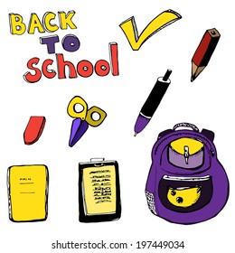 Back to school lettering and items: stationary, bag, notebook. Vector sketched illustration.