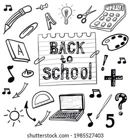 Back to school lettering with line art icons of education and school supplies. Vector hand drawn doodle style illustration. Freehand drawing school items on white background.