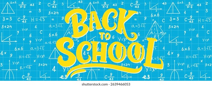 back to school lettering math symbols blue background flat vector.