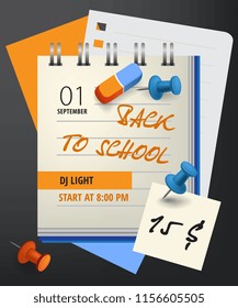 Back to school lettering with notebook and pushpins. Invitation design. Handwritten text, calligraphy. For leaflets, brochures, invitations, posters or banners.