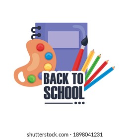back to school lettering with notebook and supplies education vector illustration design