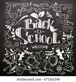 Back to school lettering on blackboard with doodles. Colorful lettering for education background. Sketches and hand written text back to school. Children styled drawing. Vector illustration.