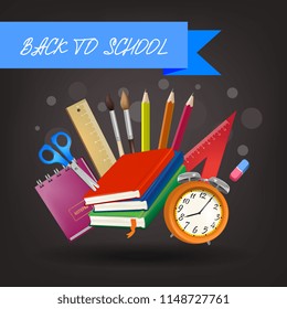 Back to school lettering on blue ribbon with alarm clock and supplies. Offer or sale advertising design. Handwritten text, calligraphy. For leaflets, brochures, invitations, posters or banners.