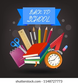 Back to school lettering on blue ribbon with supplies. Offer or sale advertising design. Handwritten text, calligraphy. For leaflets, brochures, invitations, posters or banners.