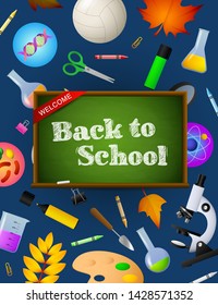 Back to school lettering on chalkboard. Offer or sale advertising design. Typed text, calligraphy. For leaflets, brochures, invitations, posters or banners.
