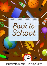 Back to school lettering on copybook paper sheet, pencils. Offer or sale advertising design. Handwritten text, calligraphy. For leaflets, brochures, invitations, posters or banners.