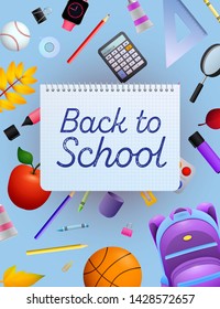 Back to school lettering on copybook paper sheet, apple. Offer or sale advertising design. Handwritten text, calligraphy. For leaflets, brochures, invitations, posters or banners.