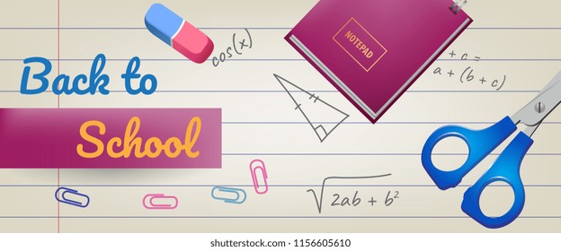 Back to school lettering on lined paper, notepad and scissors. Offer or sale advertising design. Handwritten text, calligraphy. For leaflets, brochures, invitations, posters or banners.