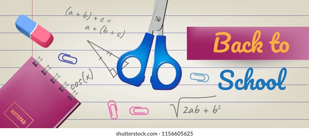 Back to school lettering on lined paper, scissors and notepad. Offer or sale advertising design. Handwritten text, calligraphy. For leaflets, brochures, invitations, posters or banners.