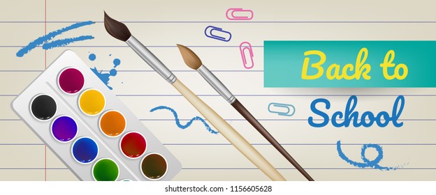 Back to school lettering on lined paper with paints and brushes. Offer or sale advertising design. Handwritten text, calligraphy. For leaflets, brochures, invitations, posters or banners.