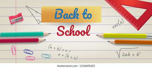 Back to school lettering on lined paper with sharpener, pencils and ruler. Offer or sale advertising design. Handwritten text, calligraphy. For leaflets, brochures, invitations, posters or banners.