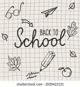 Back to school lettering on paper background with texture. Children education background. Hand drawing vector illustration