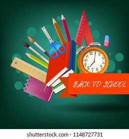 Back to school lettering on red ribbon with textbooks and supplies. Offer or sale advertising design. Handwritten text, calligraphy. For leaflets, brochures, invitations, posters or banners.