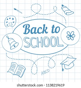 Back to school lettering on squared paper. Offer or sale advertising design. Typed text, calligraphy. For leaflets, brochures, invitations, posters or banners.