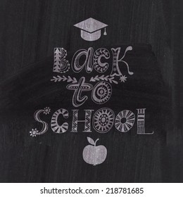 Back to school lettering on vector chalkboard, school background illustration. Greeting card. School cartoon hand lettering. Back to school logo.Vector tribal lettering 