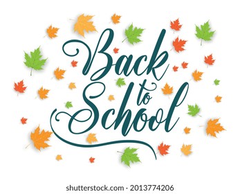 Zurück zur Schule Schrift auf weißem Hintergrund mit Ahornblättern. Banner der Herbstschule. Vektorgrafik.
