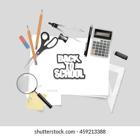 Back To School Lettering on White Paper with space for your text.Realisitc vector design of school elements.  Back to school background. Quality detailed design