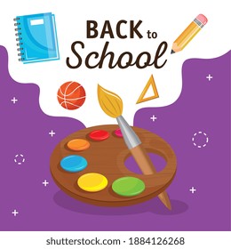 back to school lettering with pallete paint and icons vector illustration design