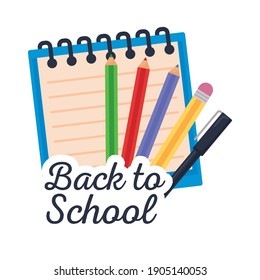 volver a la escritura escolar con lápices y cuaderno en diseño de ilustración vectorial de fondo blanco