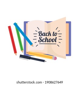 back to school lettering with pencils and notebook vector illustration design