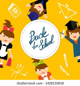 Back to school, lettering. Poster, banner with schoolgirl, pupils. Education theme. School, university, college. Bright colorful template. Vector illustration.