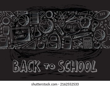 Back to school lettering quote decorated with border of doodles on black chalkboard background. Good for banners, prints, templates, cards, etc. EPS 10