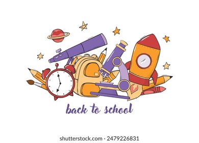 back to school lettering quote decorated with doodles for posters, prints, cards, stickers, brochures, invitations, banners, etc. EPS 10