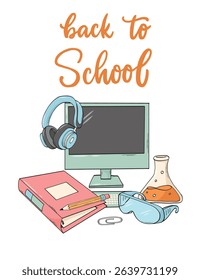 Back to school lettering quote decorated with doodles for cards, posters, banners, signs, print, invitations, stickers, etc. EPS 10