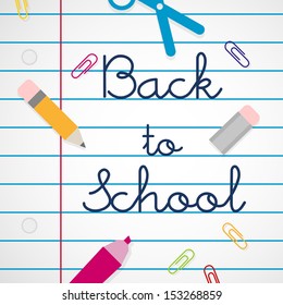 Back to school lettering in ruled paper notebook. School supplies. Vector illustration, flat design