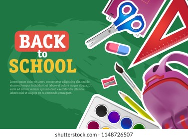 Back to school lettering with ruler, scissors and backpack. Offer or sale advertising design. Typed text, calligraphy. For leaflets, brochures, invitations, posters or banners.