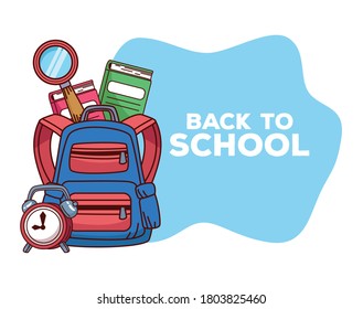 back to school lettering with schoolbag and accessories vector illustration design