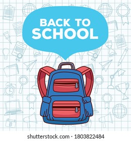 back to school lettering with schoolbag and set accessories vector illustration design