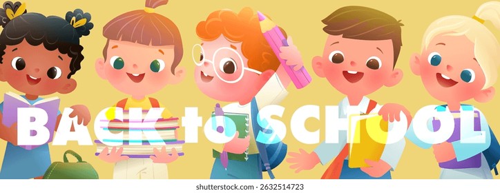 Back to school lettering with schoolchildren banner design. Graphic education and learning concept. Back to school sign, kids boys and girls with backpacks and books . Vector school banner design