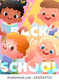 De volta à escola de letras com design de cartaz de alunos. Educação gráfica e conceito de aprendizagem. De volta à escola, meninos e meninas com mochilas e livros. Design de cartaz escolar vetorial