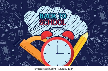 back to school lettering season with alarm clock and supplies in clouds vector illustration design
