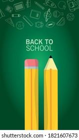 back to school lettering season with pencils and supplies in chalboard background vector illustration design